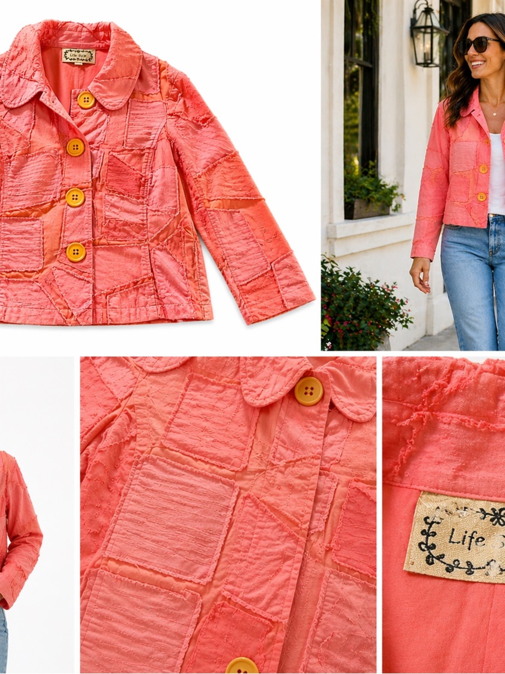 Life Style Patchwork Jacket Women’s M Coral Boho Raw Edge Cropped Coat 19x21 - Picture 4 of 8